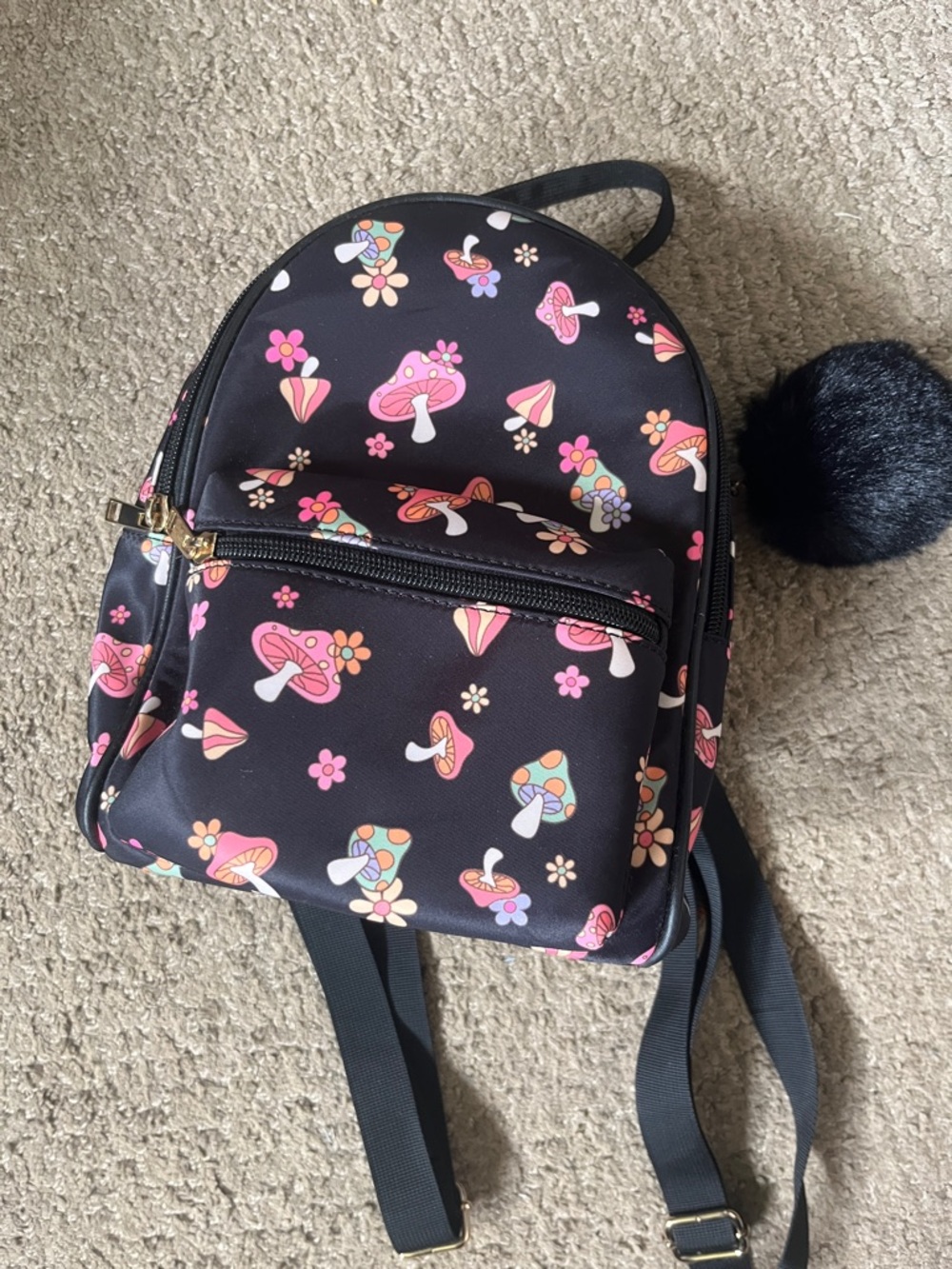 Claire's Black Mini Backpack with Pink & Multicolor Mushroom Print